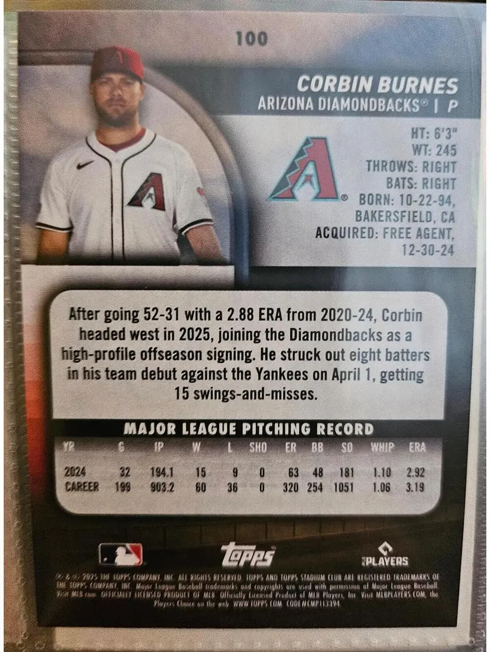 2025 Topps Stadium Club - Corbin Burnes - #78 - Arizona Diamondbacks